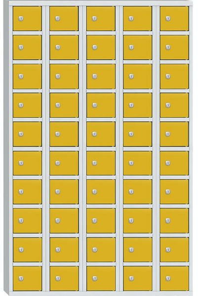 Deskin Wertfachschrank mit 50 Fächern, Korpus Lichtgrau 7035, Türen Verkehrsgelb RAL 1023, H 1530 x B 975 x T 200 mm, Zylinderschloss, 358077