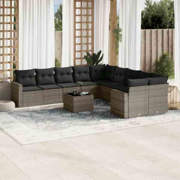 vidaXL 11-tlg. Garten-Sofagarnitur mit Kissen Grau Poly Rattan, UV-beständig, 3251857