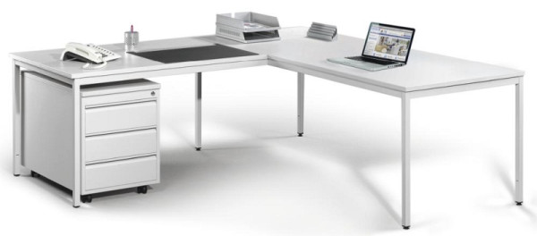 Deskin Winkelkombination BASE L, Tischplatte Lichtgrau, Gestell Lichtgrau RAL 7035, 1 Rollcontainer, 247181