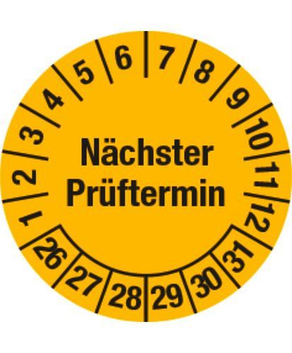 DENIOS Prüfplakette "Nächster Prüftermin", 26 - 31, gelbe Version, Folie, SK, 20 mm, VE: 3 Bogen à 36 Stück, 290053