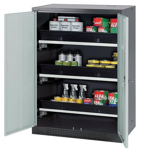 asecos Chemikalienschrank Systema-T CS-83, Korpus anthrazit, Flügeltüren grau, 3 Tablarauszüge, 208855