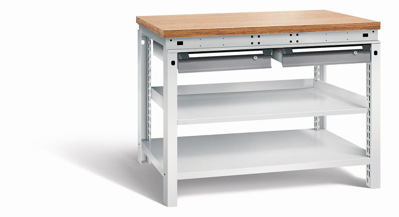 Otto Kind Werkbank Serie function Typ 209, Multiplexplatte 40 mm, bündig, 2 Schubladen 120 mm, Gehäuse RAL 7035, Front RAL 7037, 072339167