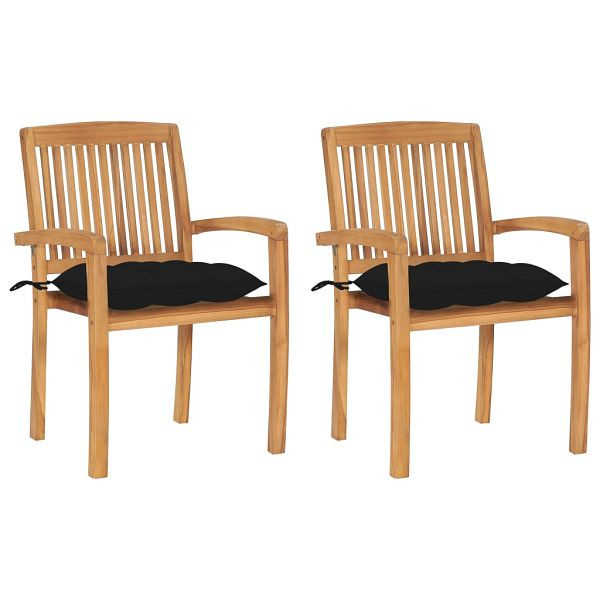 vidaXL Gartenstühle 2 Stück mit Schwarzen Kissen Massivholz Teak, 3063274