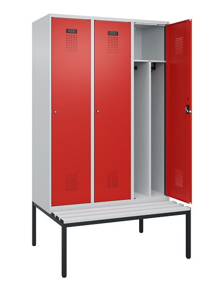 C+P Spind Evolo PLUS, 3 Abteile, 2120x1200x815mm, 7035/3020, Haken 4, Zylinderschloss, Sitzfläche Kunststoff, Sitzbank, Trennwand, 0490507-32F S10086