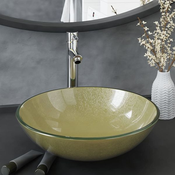 vidaXL Badezimmer Waschbecken mit Wasserhahn und Ablaufgarnitur Gold gehärtetes Glas, 3098459