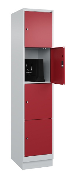 C+P Schließfachschrank Evolo PLUS, mit Sockel, 4 Fächer, 1950x400x500mm, 7035/30, Frontfarbe RAL 3003 Rubinrot, 049020-124 S10004
