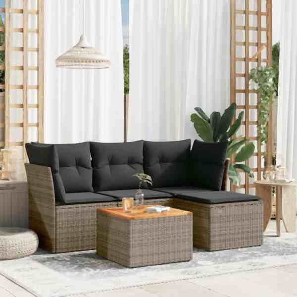 vidaXL 5-tlg. Garten-Sofagarnitur mit Kissen Grau Poly Rattan, UV-beständig, 3255941