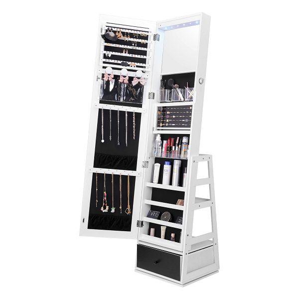 VEVOR Spiegel Schmuckschrank 360° Schwenkbar Standspiegel mit Ablage, Weiß, LSKXZKZBSNJ139QYWV9