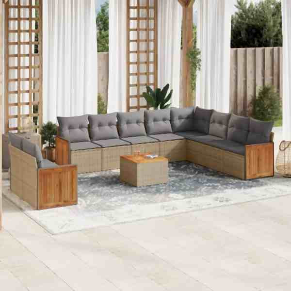 vidaXL 11-tlg. Garten-Sofagarnitur mit Kissen Beige Poly Rattan, UV-beständig, 3260204