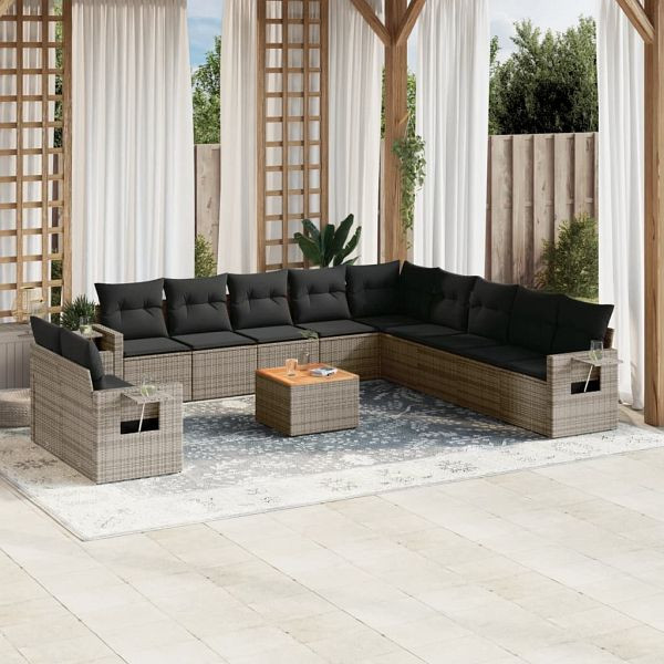 vidaXL 12-teilig Garten-Sofagarnitur mit Kissen Grau Poly Rattan, 3224646