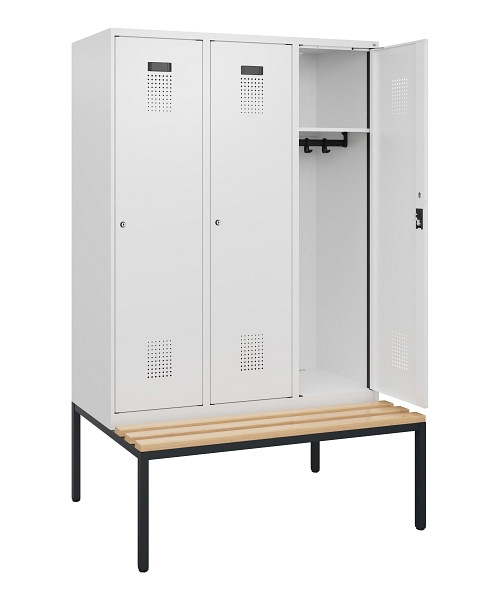 C+P Spind Evolo PLUS, 3 Abteile, 1950x1200x815mm, 9016/9016, Zylinderschloss, Sitzfläche Buche-Hartholz, Sitzbank, 0490505-32 S10047