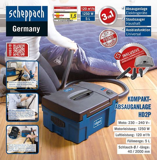 Scheppach Absauganlage HD2P - 230V 50Hz 1250W 5906301901 günstig  versandkostenfrei online kaufen: große Auswahl günstige Preise