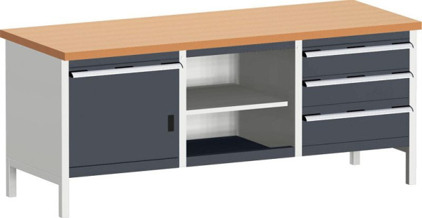 bott cubio Kastenwerkbank mit 4 Schubladen Türe, 2 Ablagen, Rotbuche-Arbeitsplatte BxTxH: 2000 x 750 x 840 mm, RAL 7035/7016, 41002059.19V