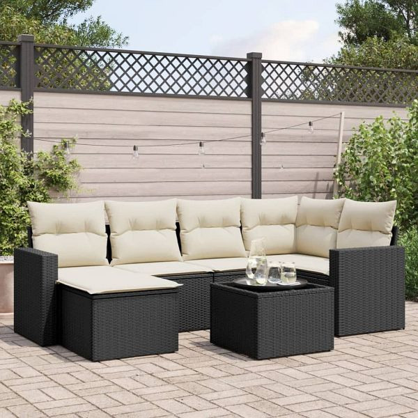 vidaXL 7-teilig Garten-Sofagarnitur mit Kissen Schwarz Poly Rattan, 3219256