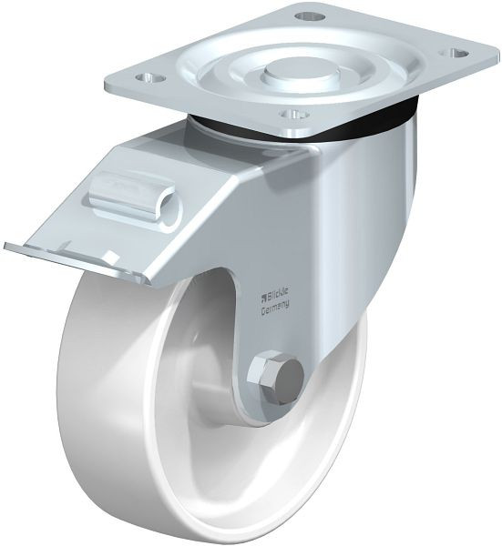 Blickle L-PO 150XR-FI Stahlblech-Lenkrolle, mittelschwere Ausführung, mit Anschraubplatte & Feststeller, Polyamid, Weiß, 49502