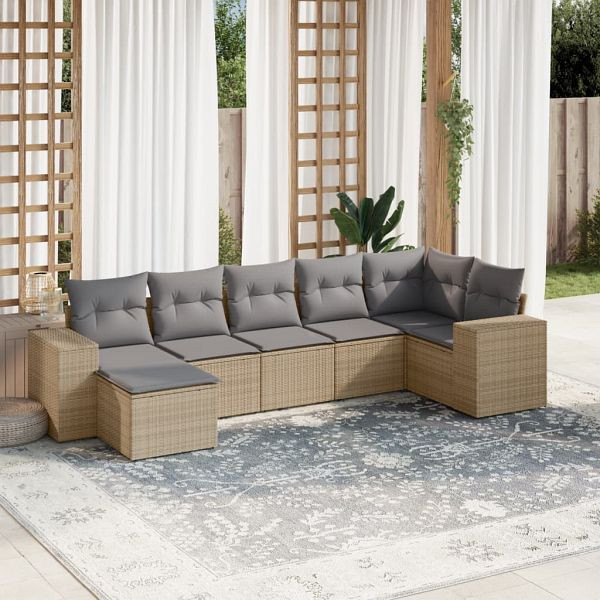 vidaXL 7-teilig Garten-Sofagarnitur mit Kissen Beige Poly Rattan, 3255216