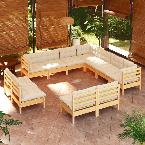 vidaXL 11-teilig Garten-Lounge-Set mit Creme Kissen Massivholz Kiefer, 3096863