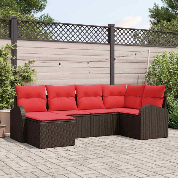 vidaXL Sofa Set mit Kissen 6-teilig Braun und Rot Poly-Rattan, 3354783