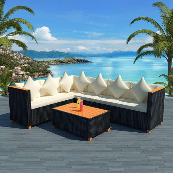 vidaXL 4-teilig Garten-Lounge-Set mit Auflagen Poly Rattan Schwarz, 43000