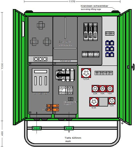 Elektra Tailfingen Anschlussverteilerschrank 111 kVA Wandlermessung, 3 RCD Typ B, RCD Typ A, 6 CEE-Abgänge 16-125A, AV 160N/A/62211-4, 183258
