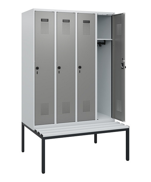 C+P Spind Evolo PLUS, 4 Abteile, 1950x1200x815mm, 7035/0004, Drehriegel, Sitzfläche Kunststoff, Sitzbank, 0490505-40 S10068