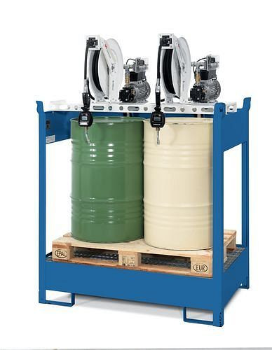 DENIOS Ölstation EPO-2, Wanne, 2 elektrische Fasspumpen, Schlauchaufroller 10 m, 201603