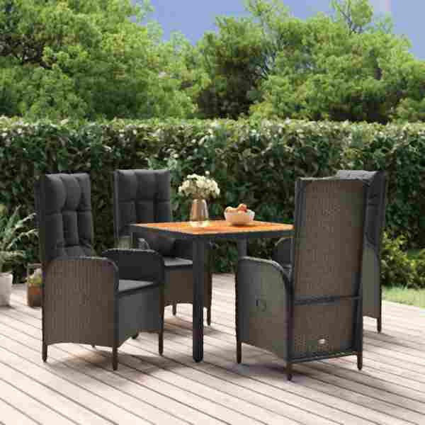 vidaXL 5-tlg. Garten-Essgruppe mit Kissen Schwarz Poly Rattan, 3185069