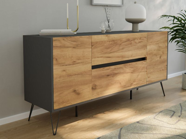 Posseik Sideboard Industrial G 155cm 2 Schubladen 2 Türen Grafit/Eiche Front, PN2084X0000019DE