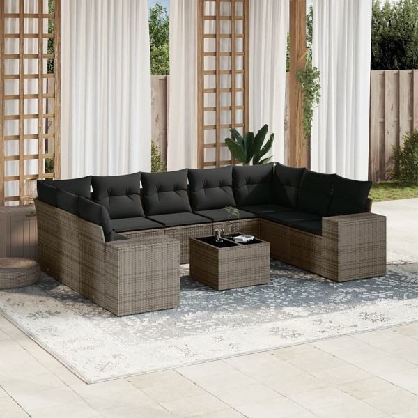 vidaXL 10-teilig Garten-Sofagarnitur mit Kissen Grau Poly Rattan, 3255347