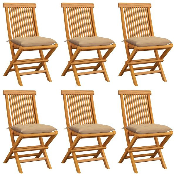 vidaXL Gartenstühle mit Beige Kissen 6 Stück Massivholz Teak, 3065608
