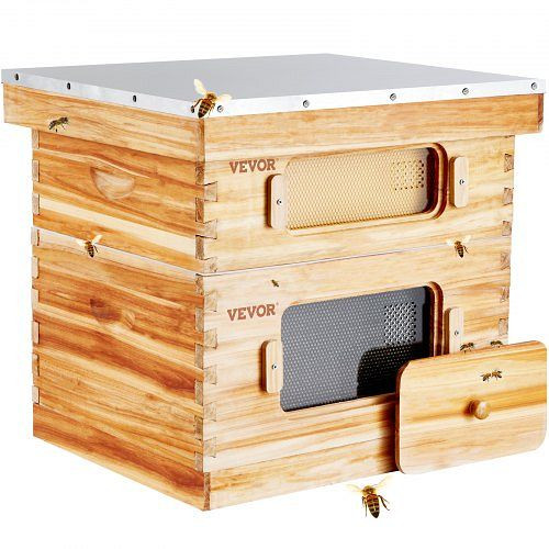 VEVOR Bienenstock, 20 Rahmen, Bienenbeute Zander, mit Bienenwachs beschichtetes Zedernholz, 1 tiefer + 1 mittlerer Bienenkasten, CTFXSMSHX1ZHAS36XV0