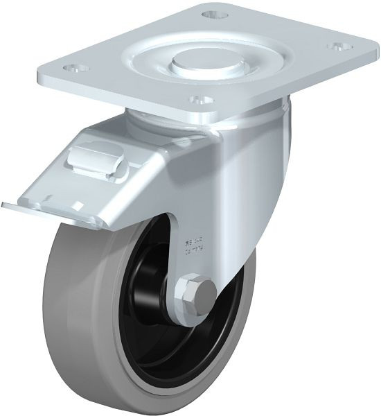 Blickle LH-POEV 125R-3-FI-SG Stahlblech-Lenkrolle, Schwerlast-Ausführung, mit Anschraubplatte & Feststeller, Elastik-Vollgummi, Grau, 665620