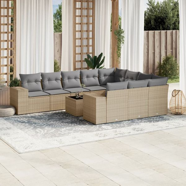 vidaXL 11-teilig Garten-Sofagarnitur mit Kissen Beige Poly Rattan, 3223098