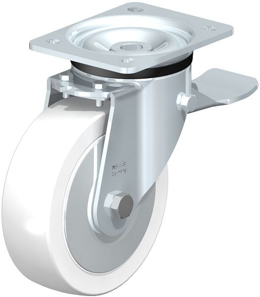 Blickle LK-SPO 160K-ST-FA Stahlblech-Lenkrolle, schwere Ausführung, mit Anschraubplatte & Feststeller, Polyamid, Weiß, 852858