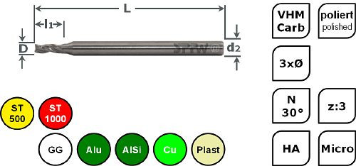 SPPW Micro-Bohrnutenfräser VHM 3xØ L: 39x3,0 z:3 d3 Ø1,1, 6685330110