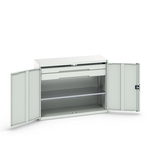 bott verso Flügeltürschrank mit Schubladen, mit 1 Fachboden und 2 Schubladen, BxTxH: 1300 x 550 x 1000 mm, Lichtgrau / Lichtgrau, 16926605.16
