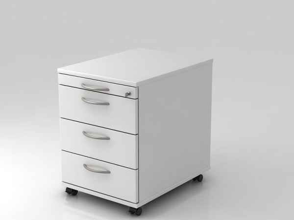 Hammerbacher Rollcontainer 58cm, 3 Schübe, Schloss Bogengriff Weiß, 42,8x58x59 cm, 1/3/3/3 HE, VAC30/W/W/BM
