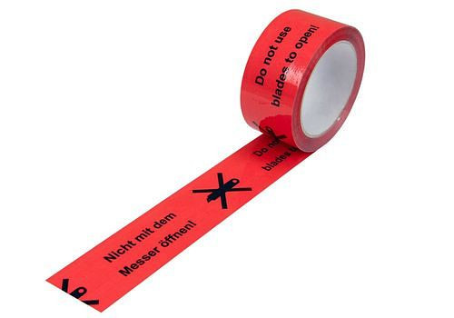 DENIOS Warn-Klebeband, PP, Aufdruck Messersymbol, in signal-rot, 50 mm breit x 66 m, VE: 12 Rollen, 299575