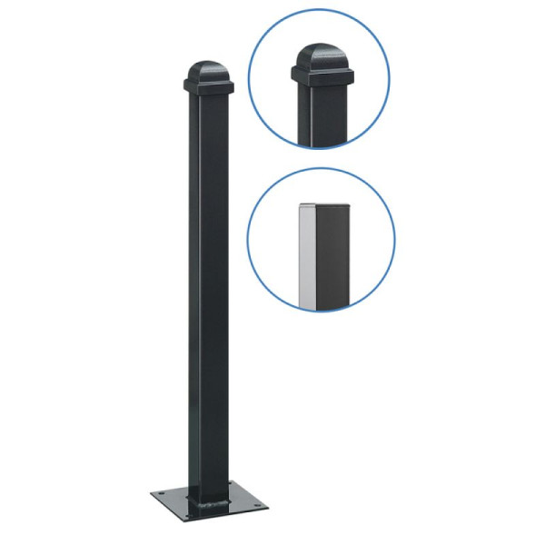 Stein HGS Stilpfosten aus Aluminium, 70 x 70mm, Helmkopf, zum Aufdübeln (Bodenplatte 100x200mm), umlegbar, mit PZ/Schließung oben, 24194-5co