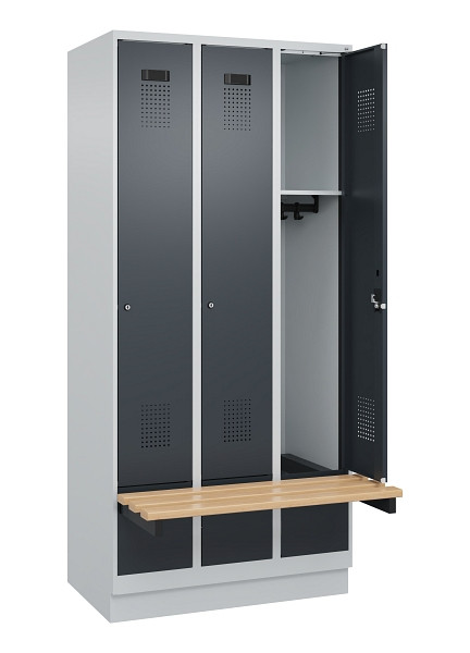 C+P Spind Evolo PLUS, 3 Abteile, 1950x900x815mm, 7035/7016, Zylinderschloss, Sitzfläche Holz, mit Sockel, 049040-30 S10039