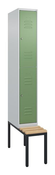 C+P Doppelstöckiger Spind Classic PLUS, 2120x300x815mm, 7035/6011, Zylinderschlösser, Sitzleisten aus Buche, mit untergebauter Sitzbank, 0803507-10 S10096