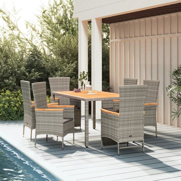 vidaXL 7-tlg. Garten-Essgruppe mit Kissen Grau Poly Rattan, 3157541