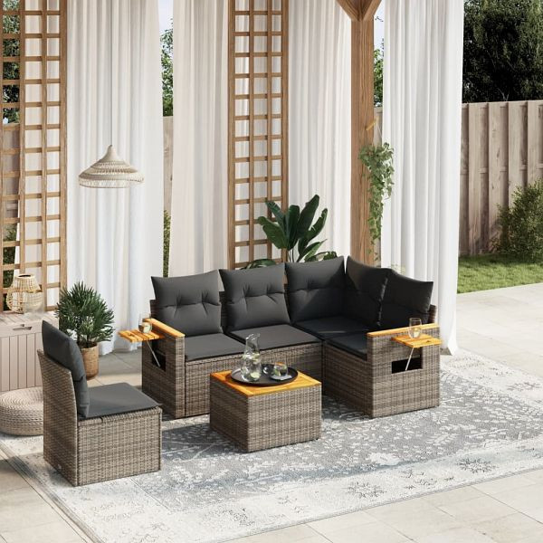 vidaXL 6-teilig Garten-Sofagarnitur mit Kissen Grau Poly Rattan, 3226823