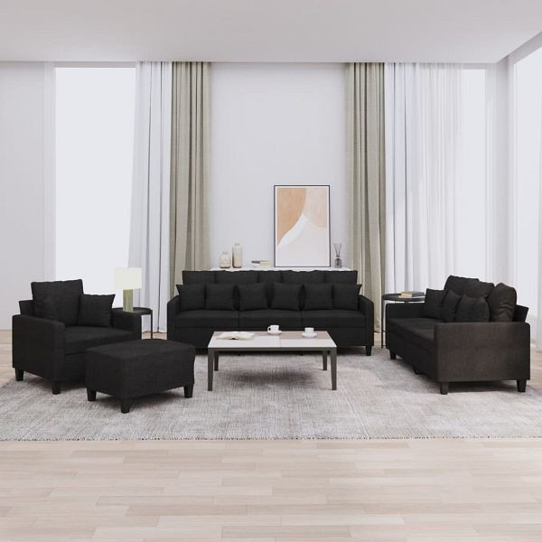 vidaXL 4-tlg. Sofagarnitur mit Kissen Schwarz Stoff, 3201644