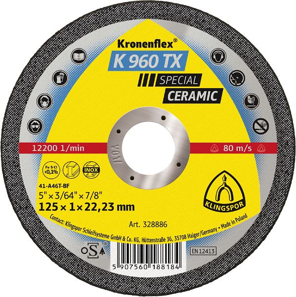 Klingspor K 960 TX Trennscheiben Keramik 125 x 1 x 22,23 mm gerade, VE: 25 Stück, 328886