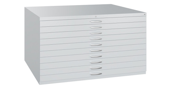 C+P Flachablageschrank Serie 7100_7200, H760xB1350xT960mm, 9016/9016, 10 Schubladenblenden doppelwandig, 7201-000 S10579