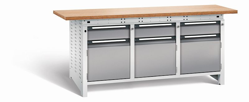 Otto Kind Werkbank Serie function Typ 309, Multiplexplatte 40 mm, überstehend, 2x Unterbau + mittleres Feld, Gehäuse RAL 7035, Front RAL 7037, 072364267