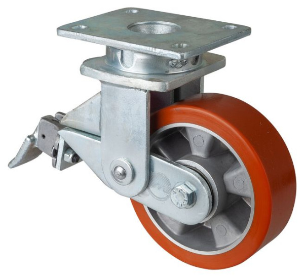BS Rollen Gefederte Schwerlastrolle, Breite 50 mm, Ø150 mm, bis 550 kg, Lauffläche Guss-Polyurethan 95 Shore A, Aluminium, Kugellager, T100.B90.150