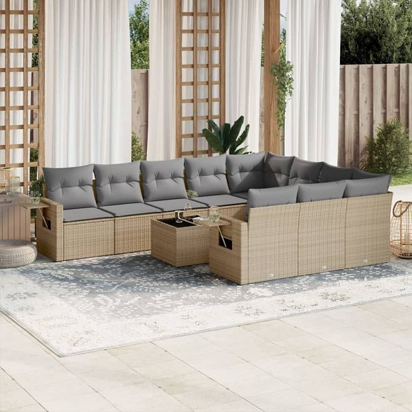vidaXL 11-teilig Garten-Sofagarnitur mit Kissen Beige Poly Rattan, 3253036
