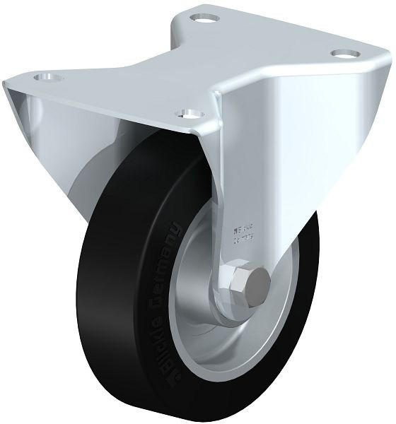 Blickle BK-ALEV 125K-3 Stahlblech-Bockrolle, schwere Ausführung, mit Anschraubplatte, Elastik-Vollgummi, Schwarz, 486886